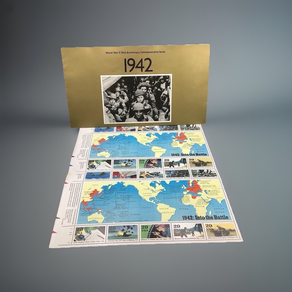 Vtg Set of‎ Postage Stamps "1942: Into The Battle" with Original Brochure